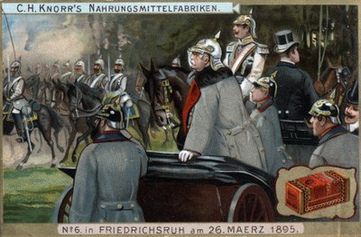 Las tropas militares del ejército prusiano pasaron ante el canciller Otto von Bismarck (1815-1898) el 26 de marzo de 1895 en Friedrichsruh, Alemania. Cromolitografía, finales del siglo XIX. de German School