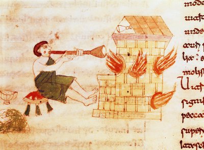 El soplador de vidrio en miniatura del manuscrito “De Universo” (o De rerum naturis) de Rabanus Maurus Magnentius (ca. 780-856) de German School