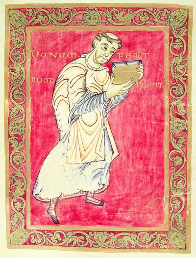 El monje Ruodprehet presentando su libro, del Salterio de Egberto, Arzobispo de Tréveris de German School