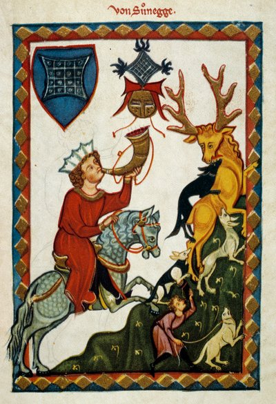 Los placeres de la caza: El Rey Radin de Hohenstaufen, Rey de Sicilia (Italia) y Jerusalén (Israel) bajo el nombre de Conrado II, Duque de Suabia bajo el nombre de Conrado III y Rey de los Romanos bajo el nombre de Conrado V (1252-1268) caza ciervos (ilumi de German School