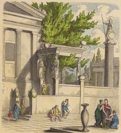 El olivo sagrado en la Acrópolis de Atenas (grabado coloreado) de German School