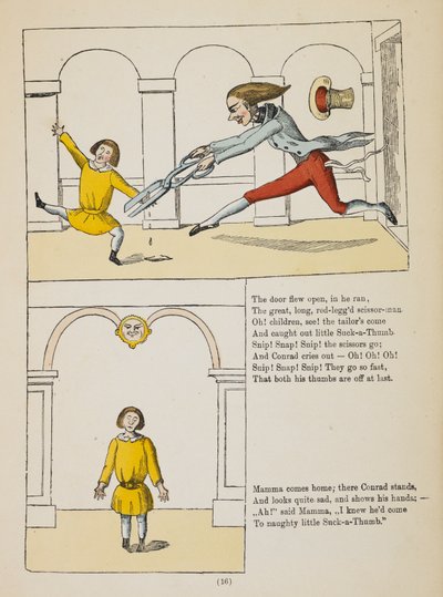 La historia del pequeño chupador de pulgar. Conrad, un niño pequeño que se chupa los pulgares, hace que el hombre de las tijeras, un sastre, se los corte (grabado en color) de German School