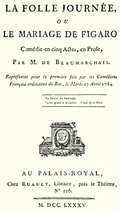 Portada de la obra El matrimonio de Fígaro, de Pierre Beaumarchais, estrenada en 1784 (grabado) de German School