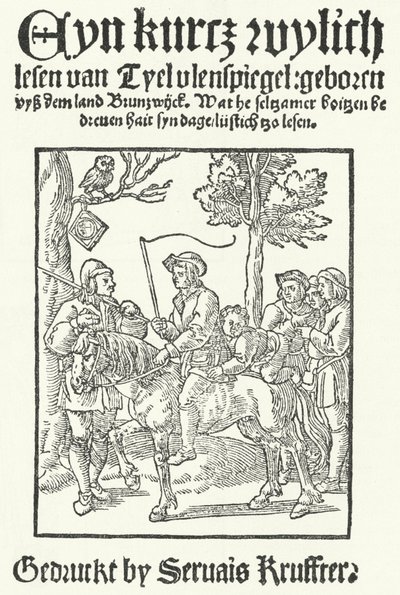 La portada de la edición más antigua conocida en bajo alemán de Till Eulenspiegel, impresa por Servais Kruffter de German School