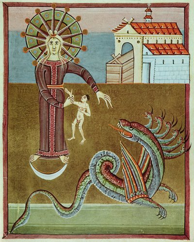 La mujer vestida con el sol siendo atacada por el dragón de siete cabezas, facsímil del Apocalipsis de Bamberg de German School