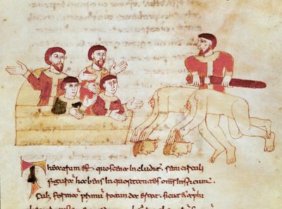 Escena de teatro, el público a la izquierda aplaude la actuación de los actores. Miniatura tomada del manuscrito De Universo (o De rerum naturis (De la naturaleza de las cosas)) (cod. 132) por Rabanus Maurus Magnentius (ca. 780-856) de German School