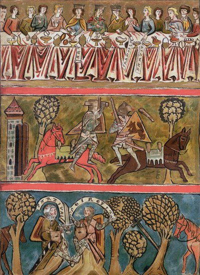 Tres escenas de Parsifal por Wolfram von Eschenbach (d.c.1230) facsímil de un manuscrito del siglo XIII de German School
