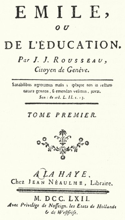Portada de la primera edición de Emilio de Jean-Jacques Rousseau, publicada en 1762 (grabado) de German School