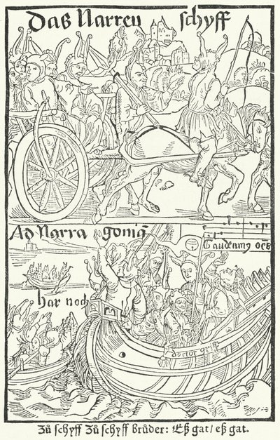 Portada de la primera edición de La nave de los locos de Sebastian Brant, impresa por Johann Bergmann von Olpe en Basilea en 1491 de German School