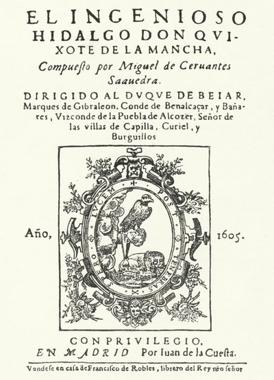 Portada de la primera edición de la novela Don Quijote, de Miguel de Cervantes (grabado) de German School
