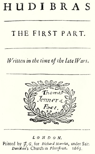 Página de título del poema satírico Hudibras de Samuel Butler, publicado en 1663 de German School
