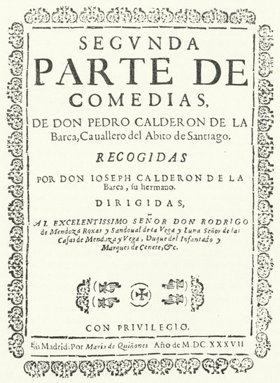 Portada del segundo de cuatro volúmenes de las Comedias de Calderón, publicado en 1637 (grabado) de German School