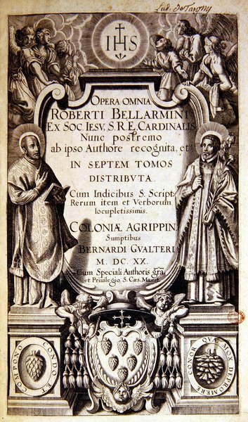 Página de título de Opera Omnia (obras completas) de Robert Bellarmine, edición publicada en Colonia en 1620 de German School