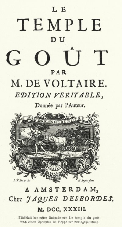 Portada de la primera edición de Le Temple du Gout de Voltaire de German School