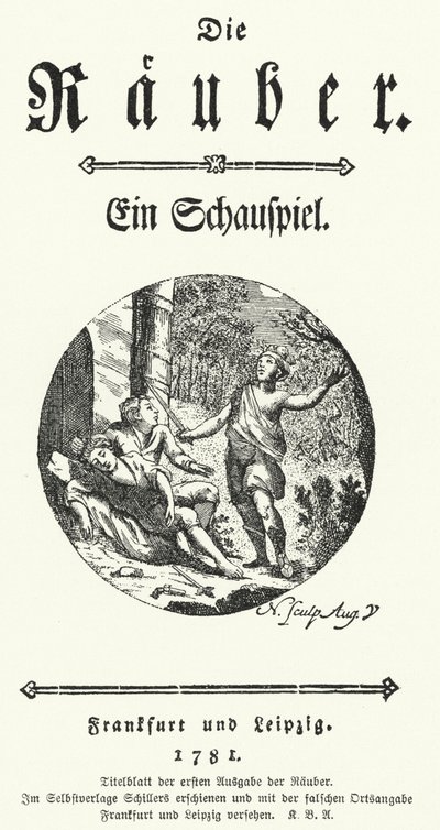 Portada de la primera edición de la obra de Friedrich Schiller Die Rauber (Los Bandidos) de German School
