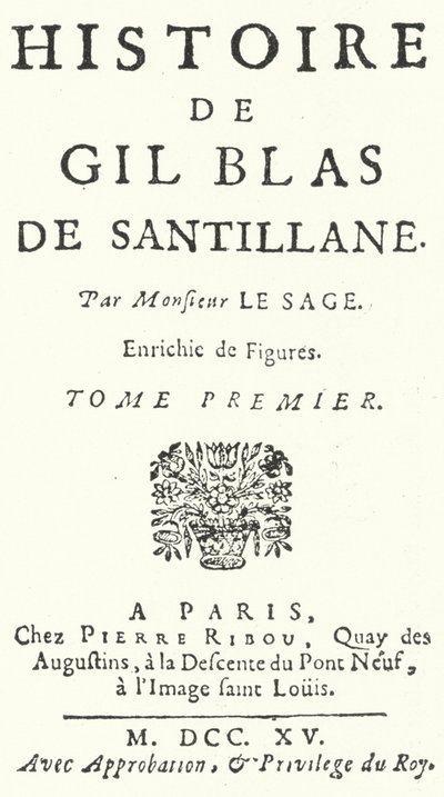 Portada de la primera edición de Gil Blas del novelista y dramaturgo francés Alain-René Lesage, publicada en 1715 de German School