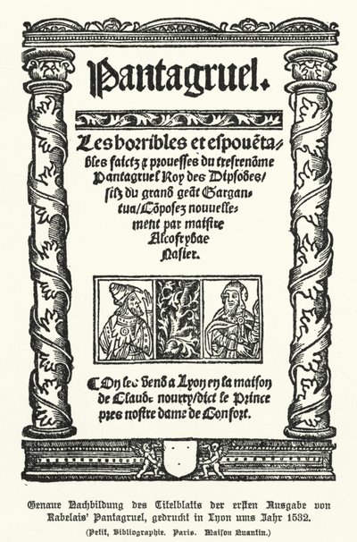 Página de título de la primera edición de Pantagruel, por el autor francés François Rabelais, impresa en Lyon en 1532 de German School