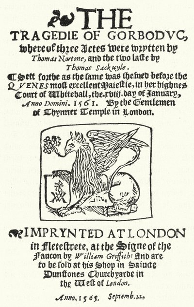 Portada de la primera edición de La tragedia de Gorboduc (1565), de Thomas Norton y Thomas Sackville de German School