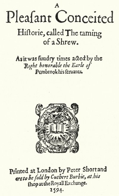 Portada de la primera edición de la comedia de Shakespeare La fierecilla domada de German School