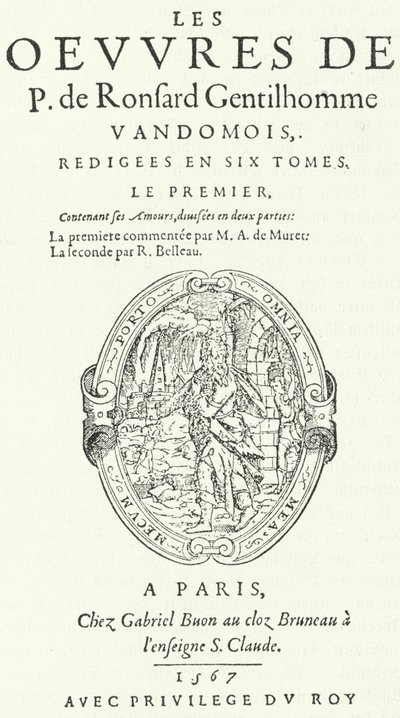 Portada del primer volumen de la rara y muy popular segunda edición de las obras de Pierre de Ronsard, publicada en seis volúmenes por el propio poeta (grabado) de German School