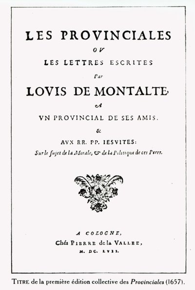 Portada de Les Provinciales de Blaise Pascal (1623-62), Ámsterdam, 1657 (tinta sobre papel) de German School