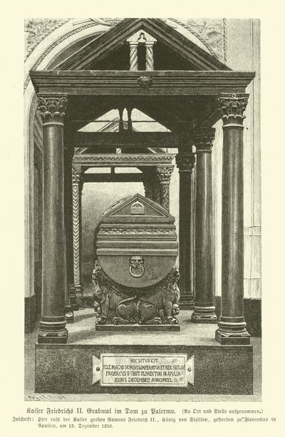 Tumba de Federico II, Emperador del Sacro Imperio Romano, en la Catedral de Palermo, Sicilia (grabado) de German School