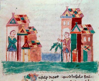 Comercio: el vendedor de pescado. Miniatura tomada del manuscrito "De Universo" o "De rerum naturis" (De la naturaleza de las cosas) por Rabanus Maurus Magnentius (siglo IX). Archivo de la Abadía de Monte Cassino de German School