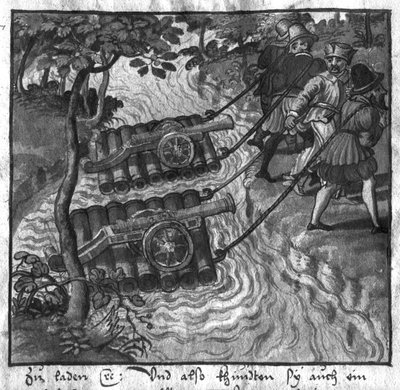 Transporte de cañones y armas cruzando el río en balsas, ilustración de L