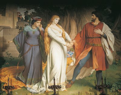 Tristán e Isolda se encuentran en secreto por última vez, pero su encuentro es traicionado y el rey Mark hiere a Tristán con una lanza envenenada de German School