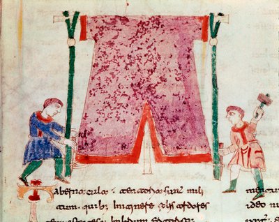 Dos hombres levantando una tienda. Miniatura del manuscrito De Universo o De rerum naturis de Rabanus Maurus Magnentius. Siglo IX. Archivo de la Abadía de Monte Cassino de German School