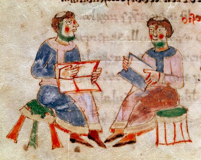 Dos monjes discutiendo o escena de curso en miniatura del volumen 