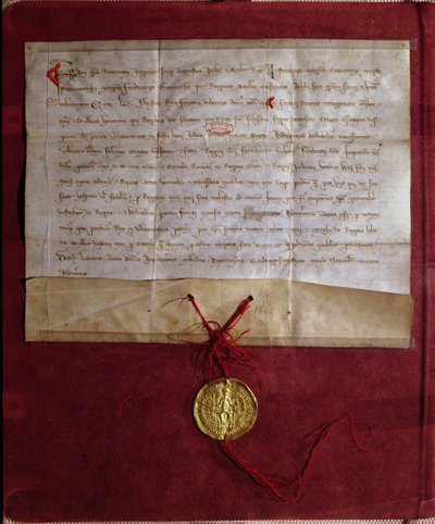 Compromiso del Emperador Federico II (1194-1250) de suministrar caballos, armas y provisiones al Rey Luis IX (1214-70) para la Séptima Cruzada, 1246 de German School