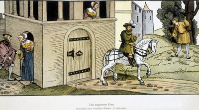 Esposa infiel recibiendo a su amante por la puerta trasera después de la partida de su esposo, Alemania de German School