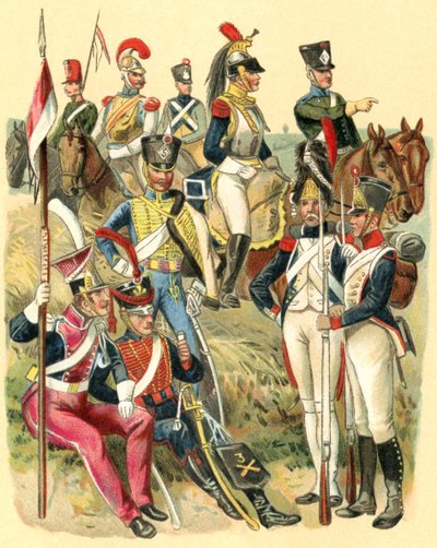 Uniformes de las tropas francesas en la época de Napoleón I, de "Meyers Lexicon", publ. 1930 (litografía en color). de German School