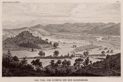 Valle de Olimpia, Grecia, antes de las excavaciones arqueológicas (grabado) de German School