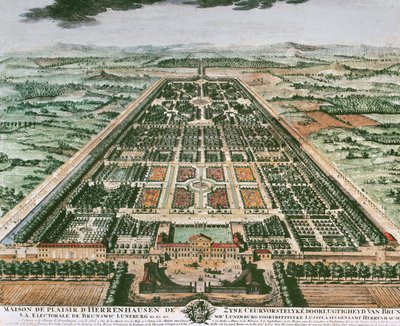 Vista del jardín del Castillo de Herrenhausen, circa 1708, impresión en color, Alemania de German School
