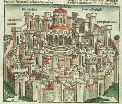 Vista de la ciudad amurallada de Jerusalén mostrando el Templo de Salomón y las puertas de la ciudad, del Crónica de Núremberg por Hartmann Schedel (1440-1514) 1493 de German School