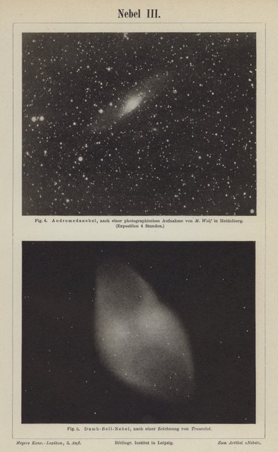 Vistas de la Nebulosa de Andrómeda y la Nebulosa Dumbbell (grabado) de German School