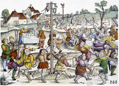 Baile del pueblo alrededor del palo de cucaña - imaginería alemana del siglo XVI de Nikolaus Meldemann de German School