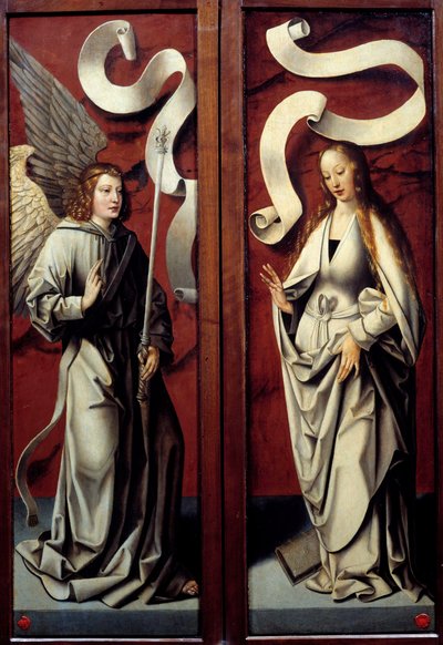 Virgen María y Ángel de la Anunciación Reverso de las secciones del tríptico de la Adoración de los Magos. Pintura anónima de la Escuela Alemana. Siglo XV Egouen, Museo Nacional del Renacimiento de German School