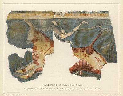 Pintura mural del palacio micénico en Tirinto, Grecia, excavada por el arqueólogo alemán Heinrich Schliemann de German School