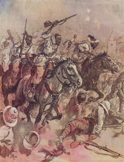 Guerreros del jeque de Senussi expulsando a los británicos de Matruh, al este de Sollum, Egipto. de German School
