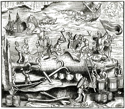 Pesca de ballenas, después de un grabado en Cosmographie Universelle de Munster, publicado en 1552 de German School
