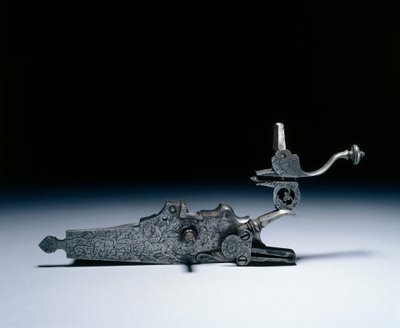 Cerrojo de rueda de un rifle de caza, principios de 1700 (acero, grabado) de German School