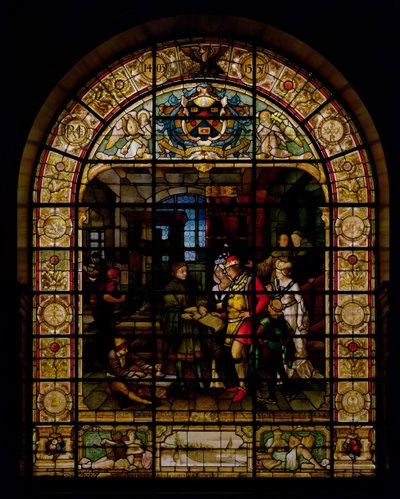 William Caxton mostrando su primer libro impreso a Eduardo IV y su esposa, Elizabeth Woodville en 1477 de German School