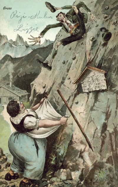 Mujer atrapando a hombre cayendo de la montaña de German School
