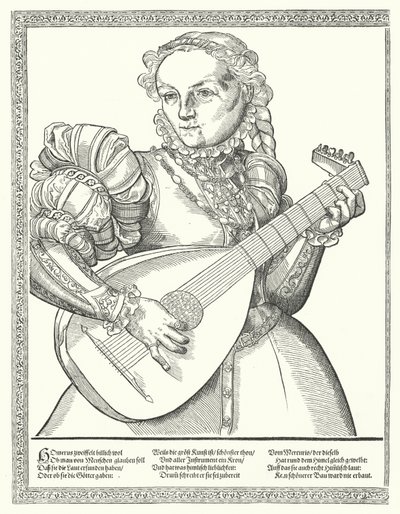 Mujer tocando un laúd de German School