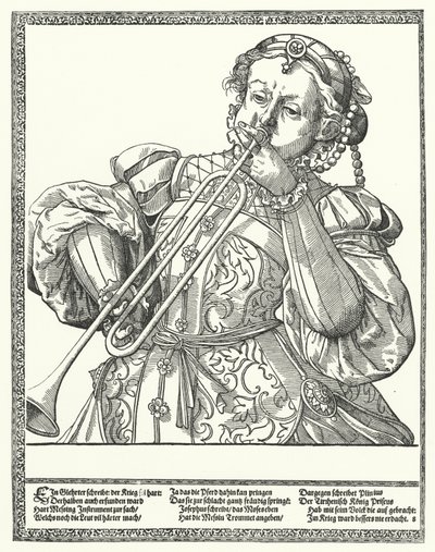 Mujer tocando un trombón o sacabuche de German School