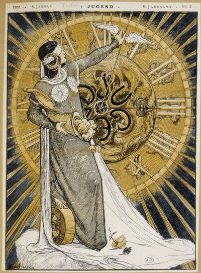 Mujer con los ojos vendados sosteniendo un cuerno de la abundancia y avanzando las manos de un reloj (Alegoría de la Fortuna) - en “Jugend” del 08/01/1900 de German School