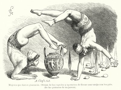 Mujeres haciendo gimnasia en la Antigua Grecia: danza con espada y llenando un recipiente con los pies de German School